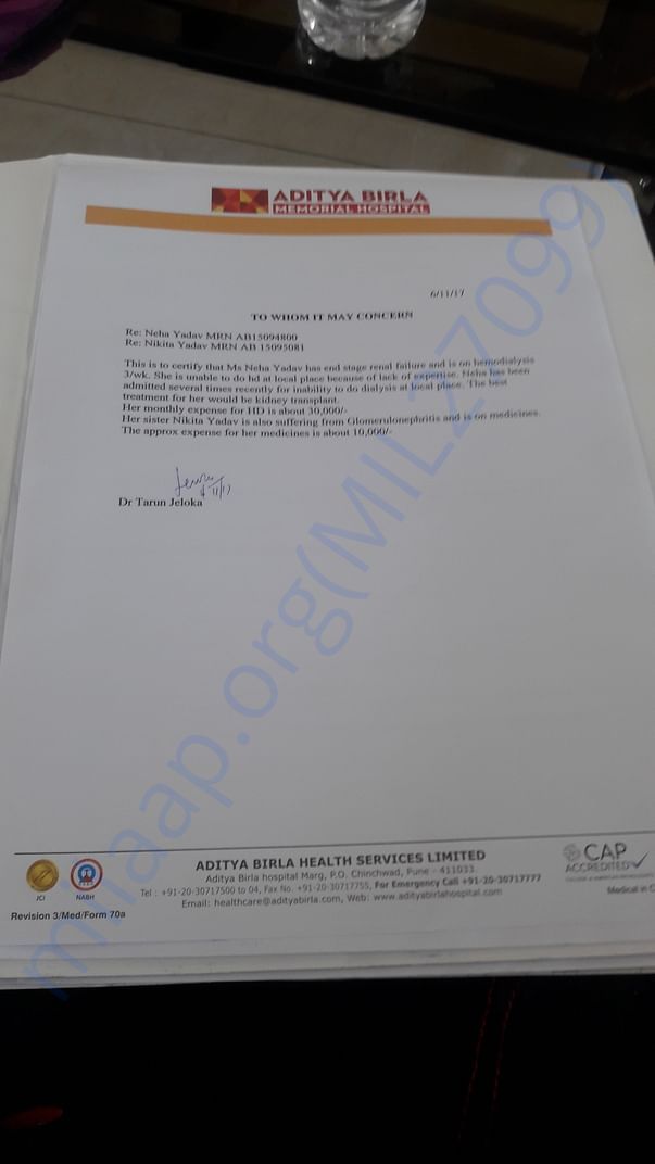 Dr jeloka' s letter from aaditya Birla Hospital