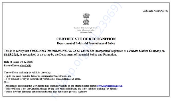 StartUp India certification for innovative social health initiative