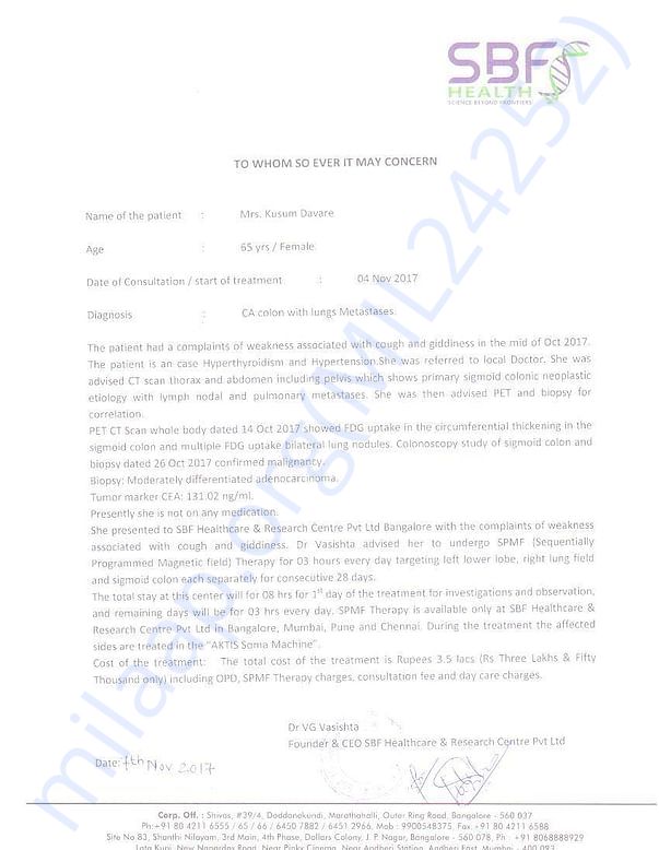 Letter provided by Dr. Vasishth from SBF Health Center