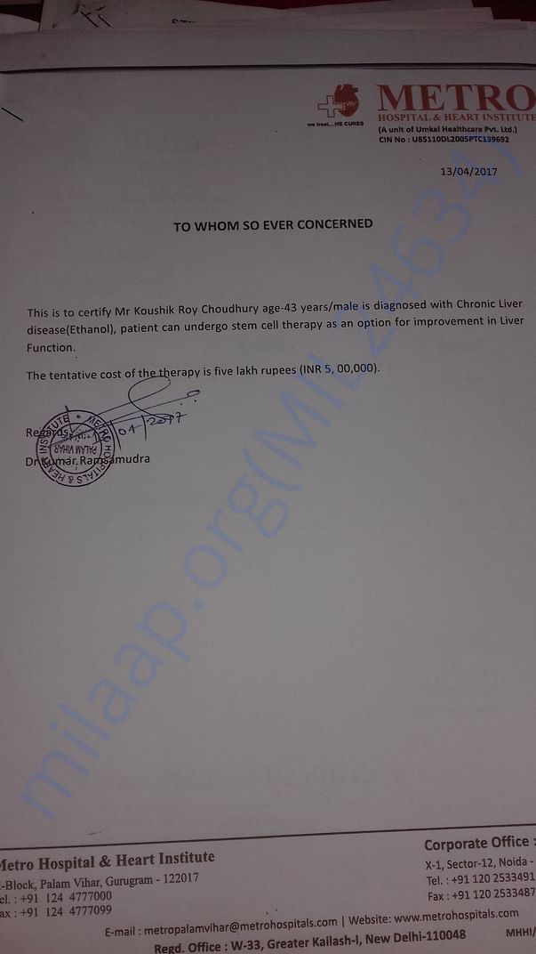 Liver stem cell therapy estimate by doctor /hospital