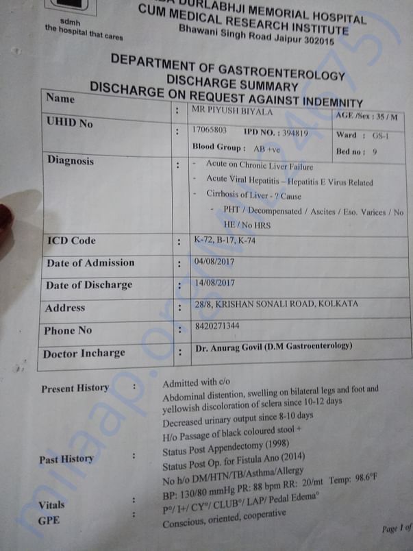Previous discharge Certificate now admitted in Calcutta Heart Clinic