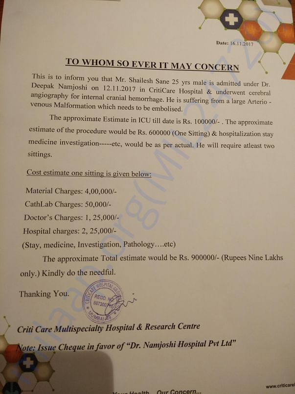Letter stating 9,00,000/- required for Shailesh's Surgery