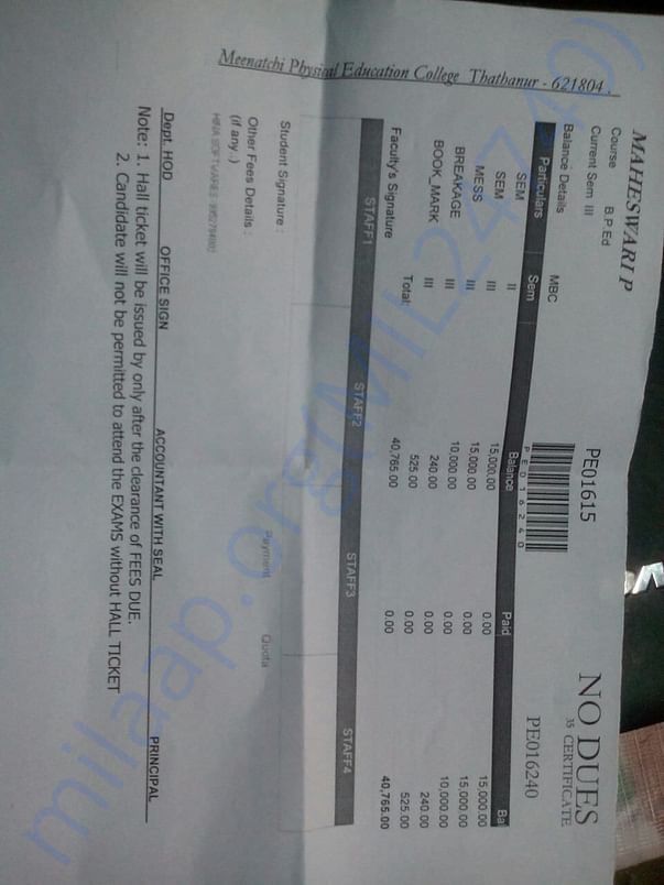No due form with full details of fees pending