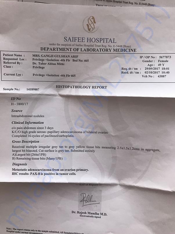 Latest Biopsy Report showing recurrence of ovarian cancer