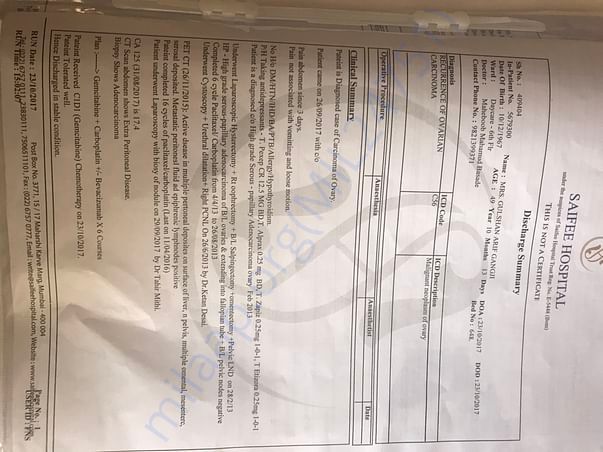 Discharge summary of 3rd cancer's 1st chemo therapy 23/10/2017
