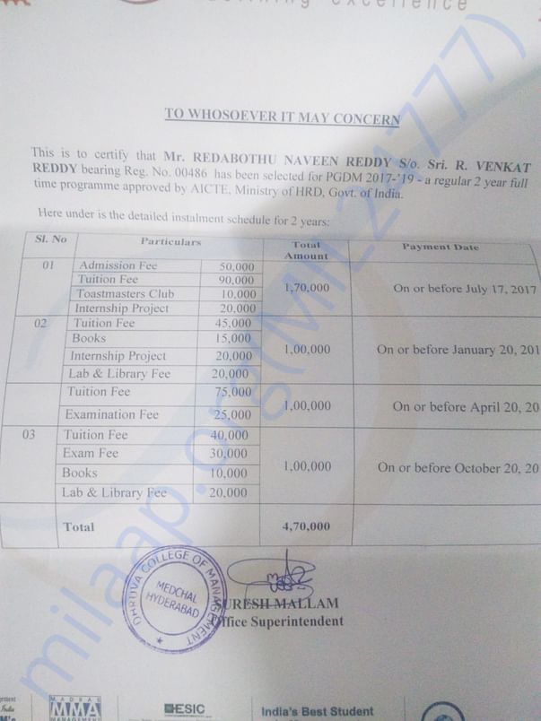 Payment of fee shedule