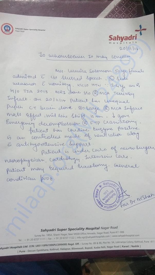 Doctors Certificate on my Moms condition