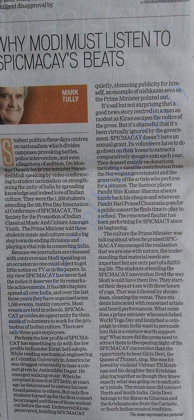 Mark Tully's Artictle on SPIC MACAY