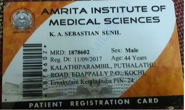 Amrita Institute of Medical Sciences Patient Registration Card