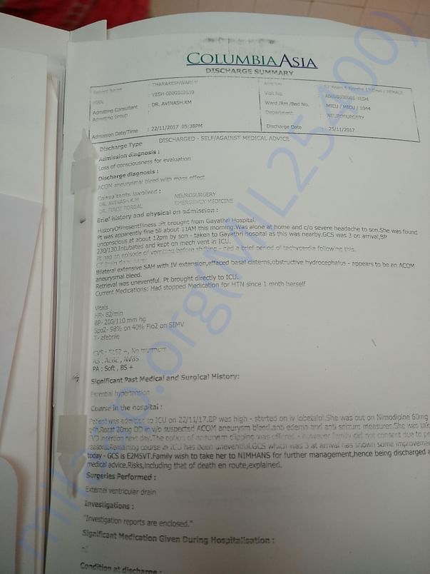Summary of my mother's condition from Columbia Asia