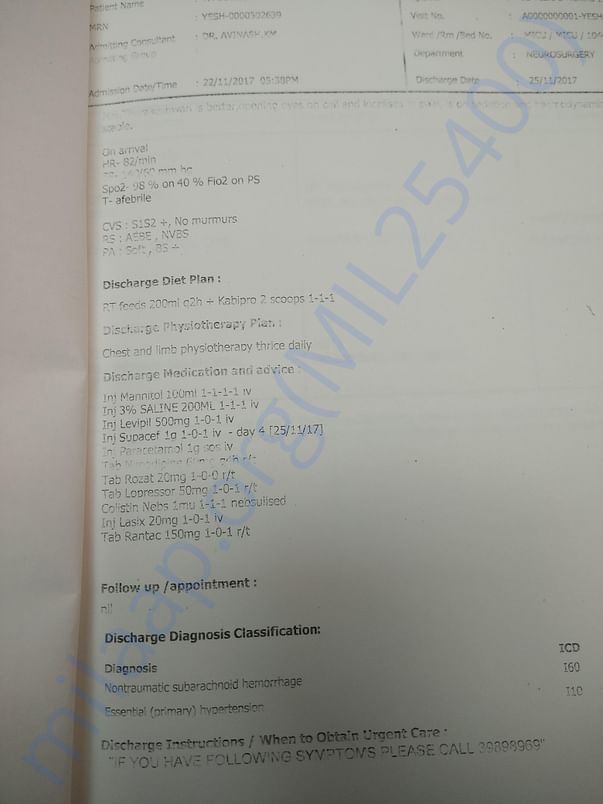 Summary of my mother's condition from Columbia Asia