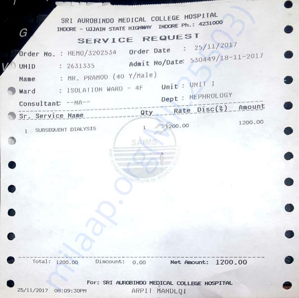 Dialysis Charge Invoice