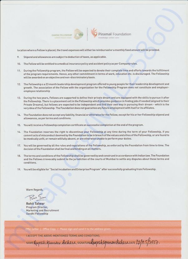 Joining Letter cum offer letter as Gandhifellow