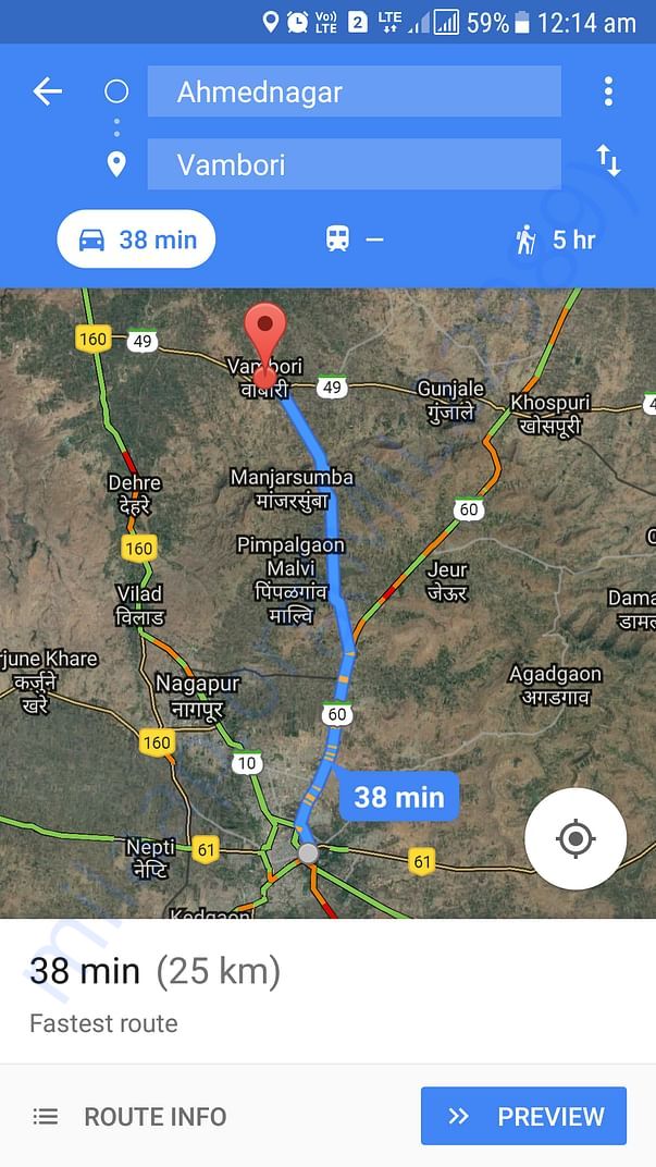 Distance in kilometre from Ahmednagar to Vambori village.