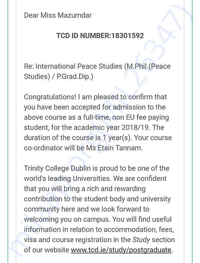 Application accepted at Trinity College, Dublin