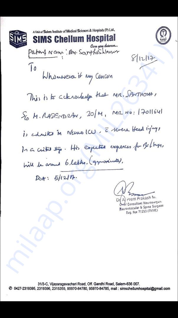 Estimated cost for the treatment provided by Dr. Prem Prakash.
