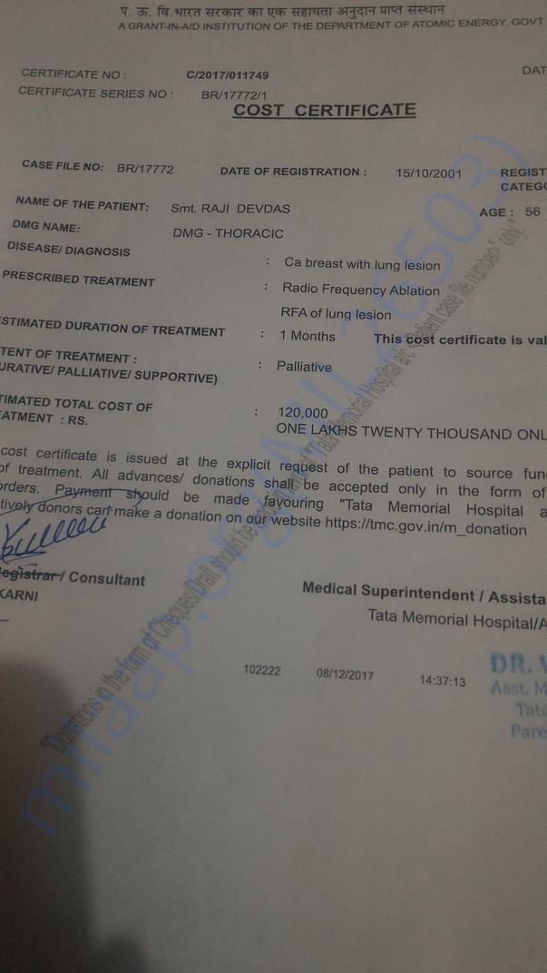 Cost certificate for treatment of each lung