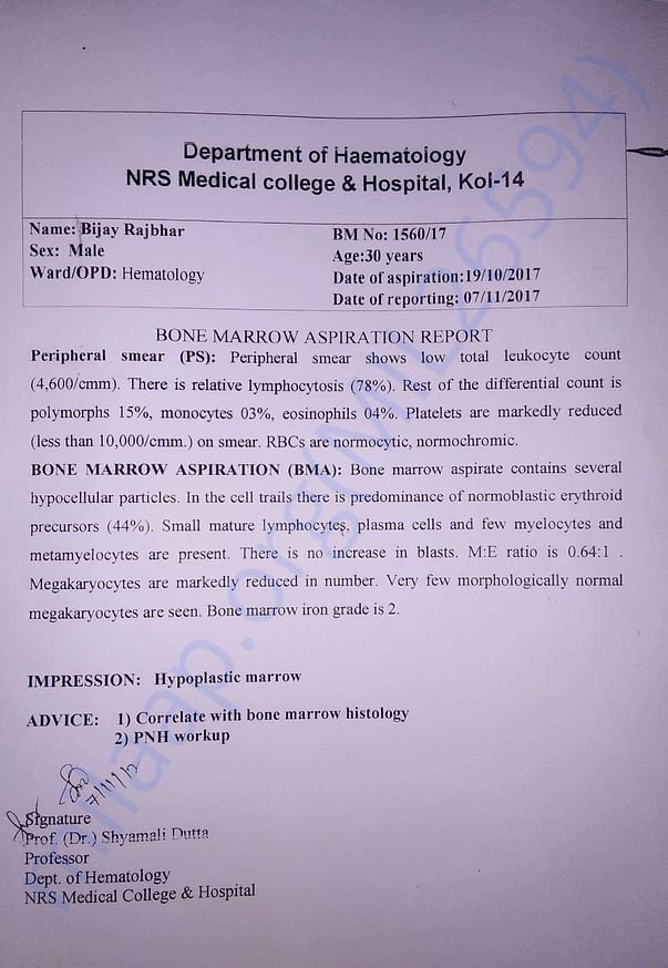 Confirmation Of Aplastic Anemia By NRS Medical College & Hospital