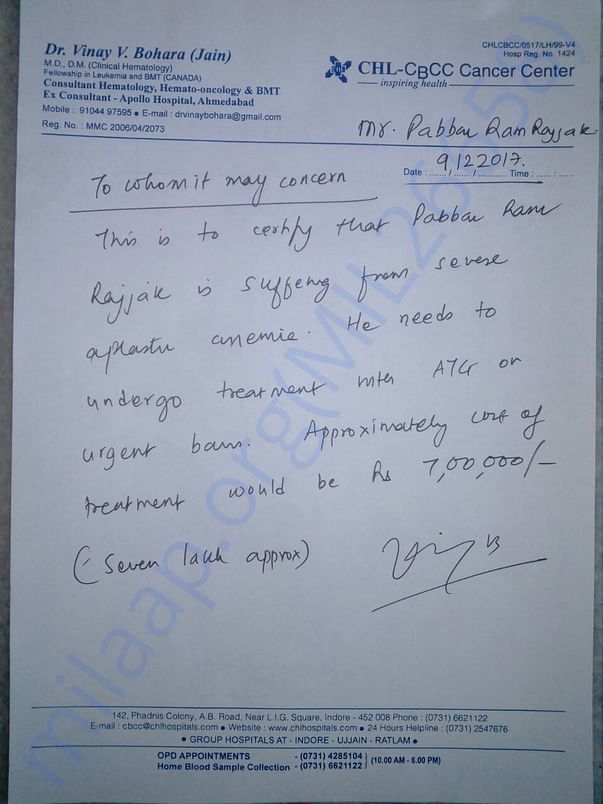 Prescription for treatment of Mr PABBAR RAM Rajak