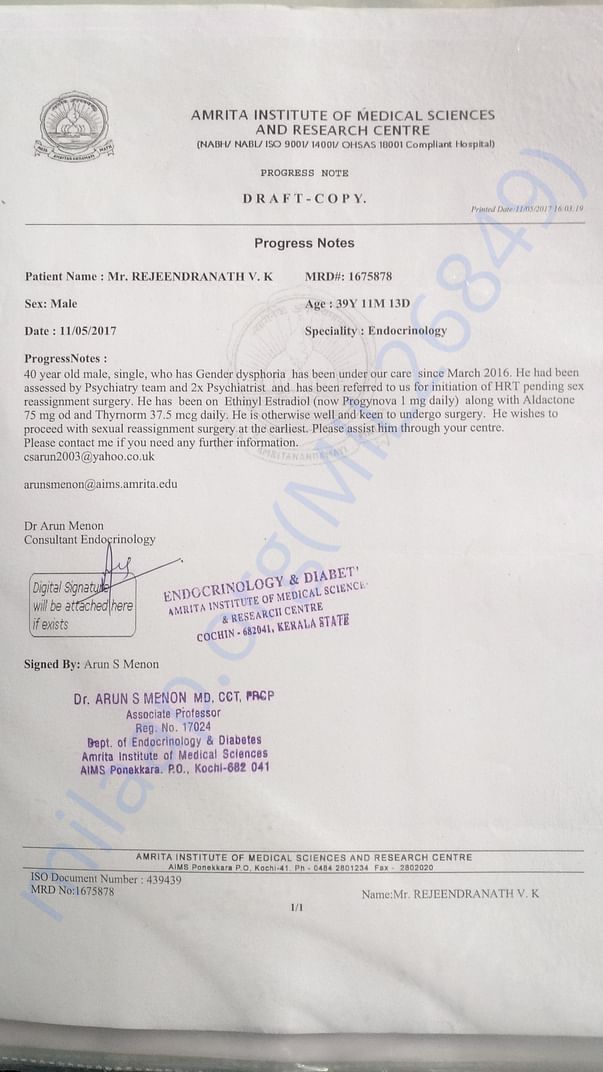 Doctor's letter form Amritha Institute of Medical Science (AIMS)