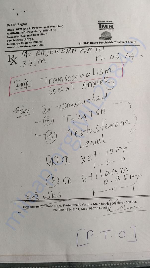 Doctor's prescription from Bangalore NIMHANS Hospital.