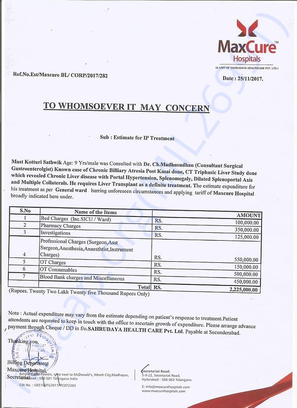 Estimate letter for Sathwick