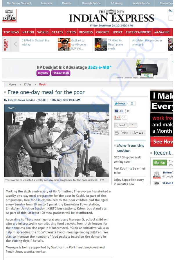 News article about meal distribution by Theruvoram