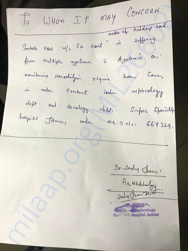 Letter from the doctor about her disease.