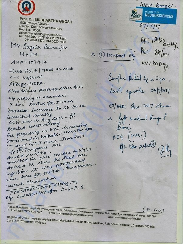 Prescription of Prof. Dr. Sidhartha Ghosh , Apollo Hospital, Chennai