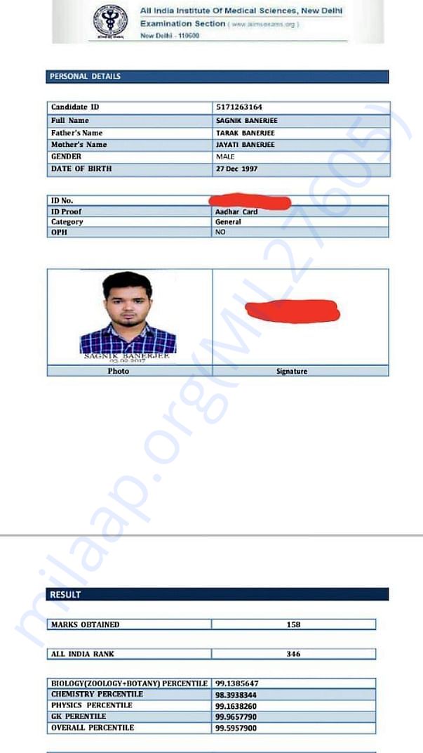 Result of AIIMS 2017 showing his percentile