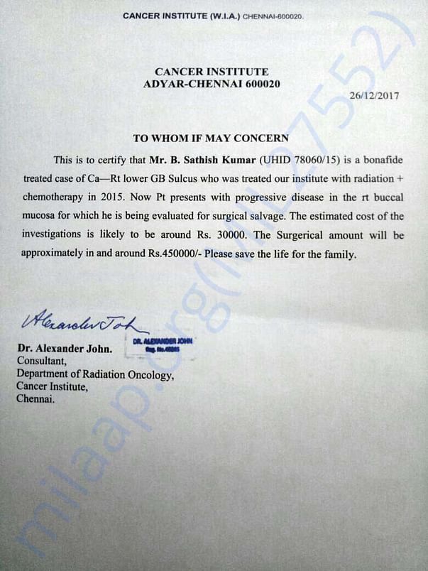 Bonafide from Doctor - Cancer Institute, Adyar. chennai