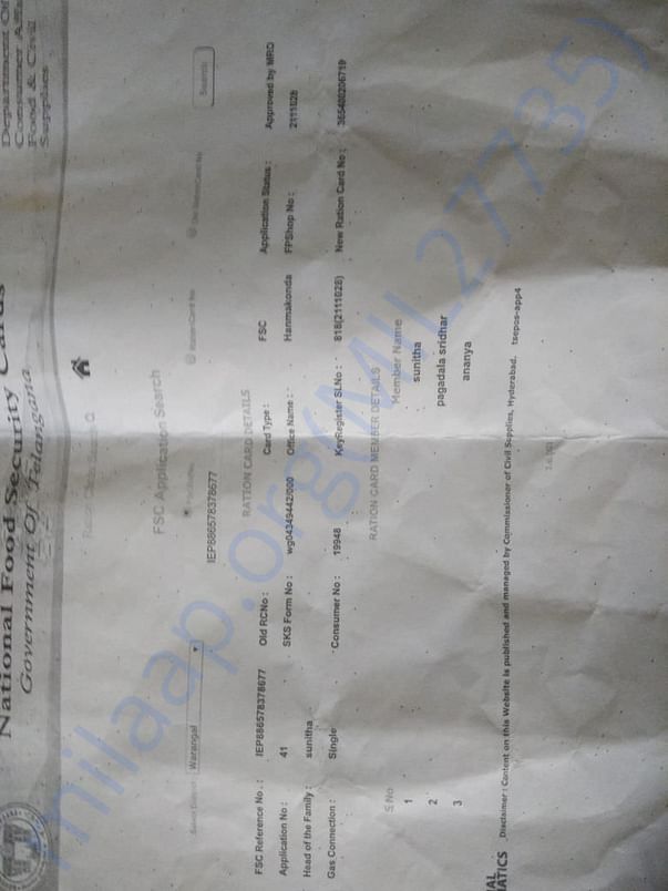 White Ration Card (BPL) issued by Govt of Telangana
