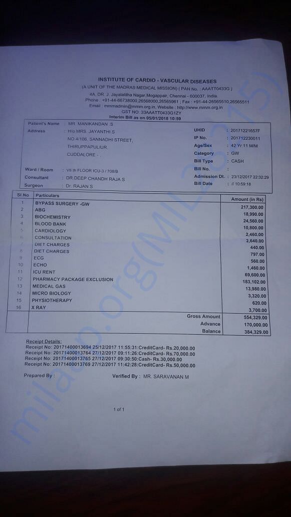 MEDICAL BILLS OF MR.MANIKANDANGURUKAL- POOR PRIESTS