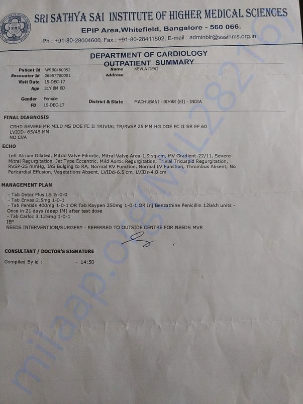 Report from Sri Sathya Sai Institute of Higher Med Sciences