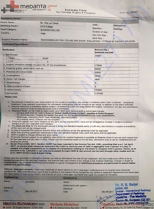 Estimated cost given by the hospital