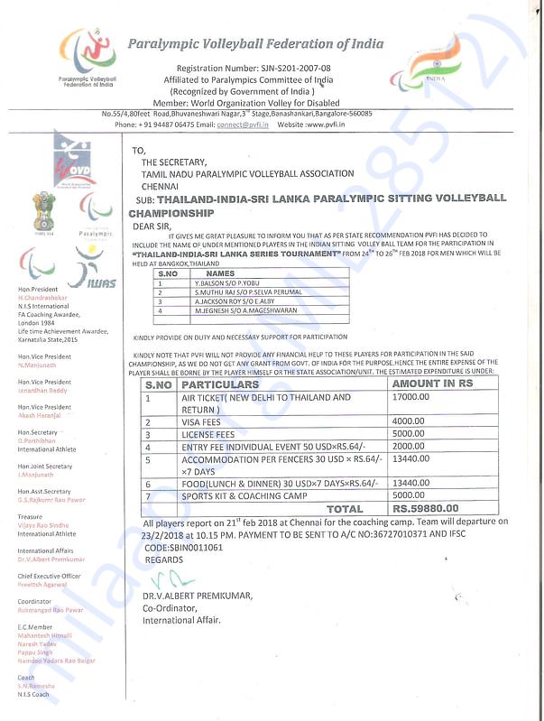 Letter from paralymbic Volleyball Federation of India