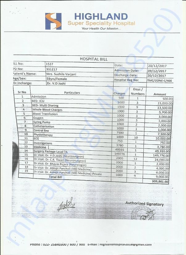 Highland Hospital Bill Summary