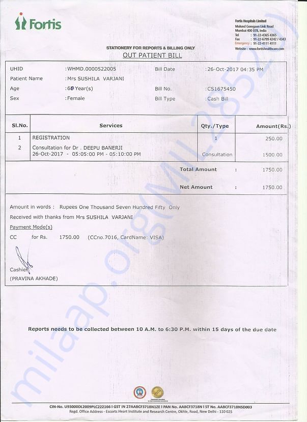 Fortis Hospital Doctor Consultation Charges
