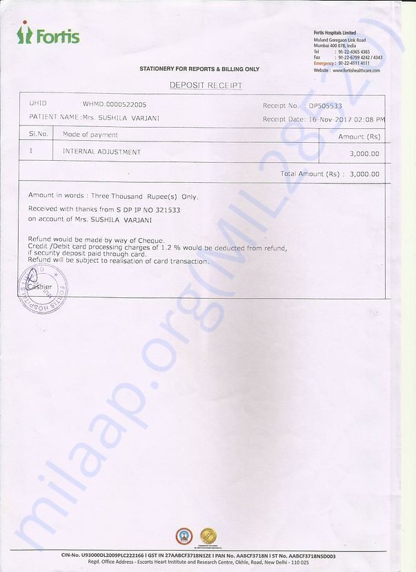 Balance Payment of MRI at Fortis Hospital