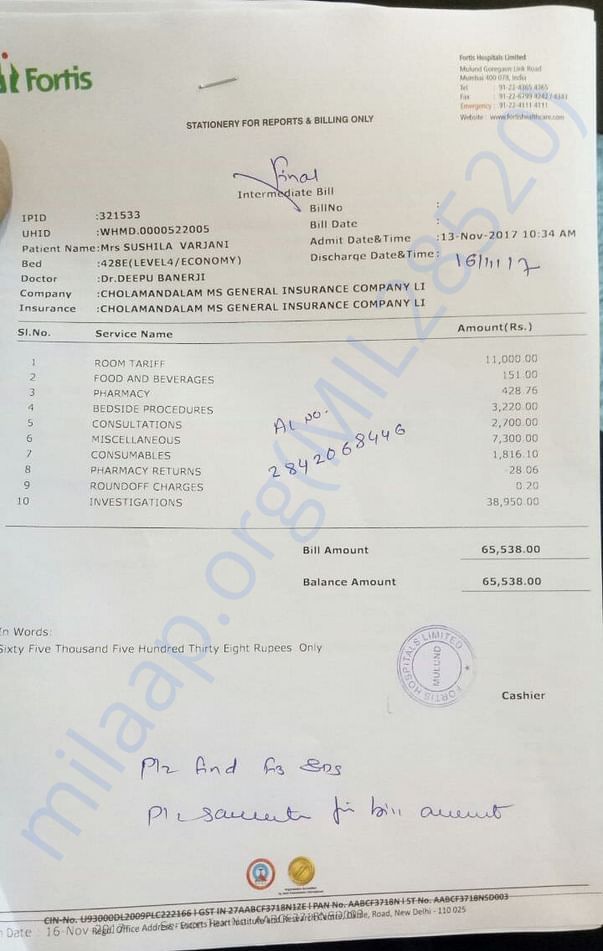 Fortis Hospital Bill Summary