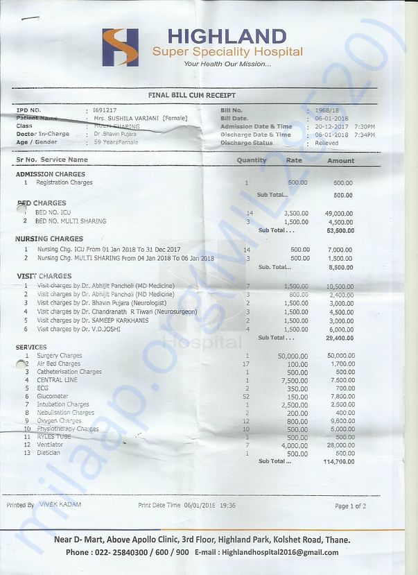 Highland Hospital Bill Summary Pg 1