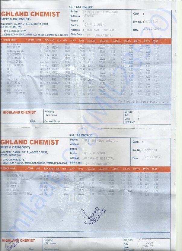 Medicine Bill of Highland Hospital