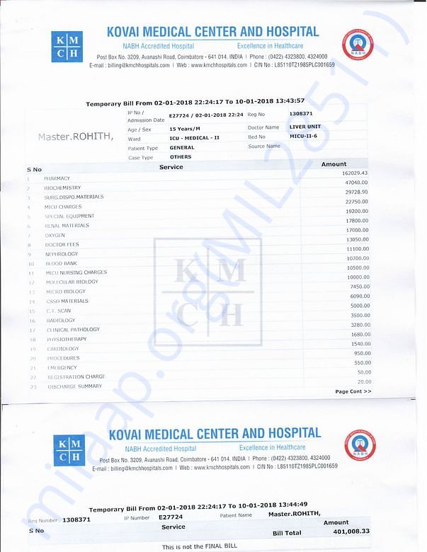 Only 9 days medical bill is around 4,00,000 rupees