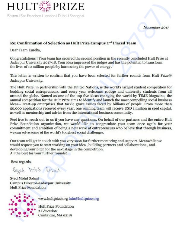 Letter from Hult Prize India after on campus event