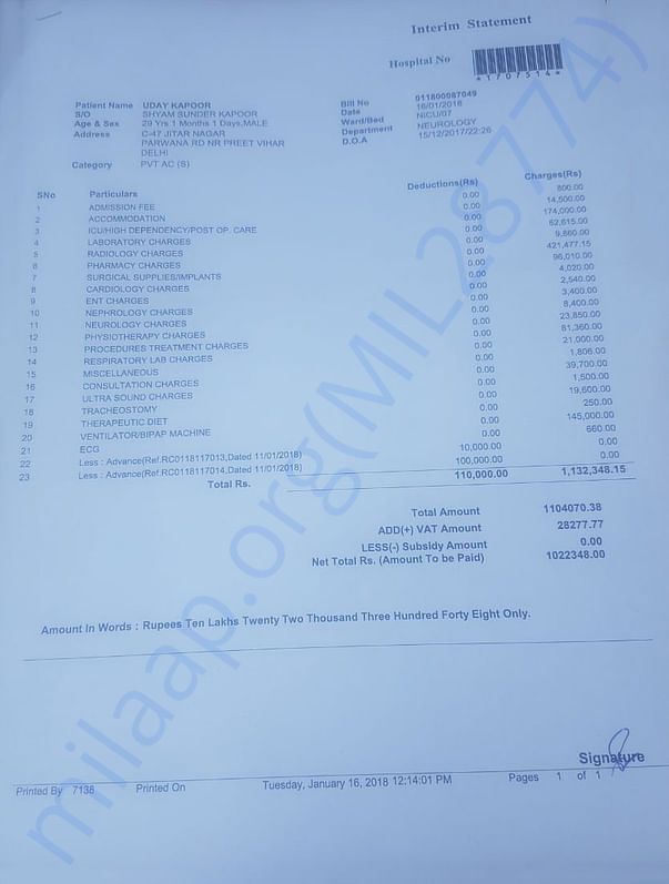 Hospital Bill Till 16th Jan 2018
