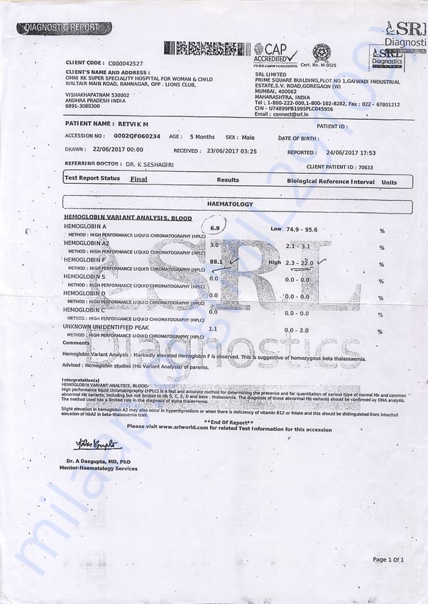 Thalassemia confirmation by SR Lab