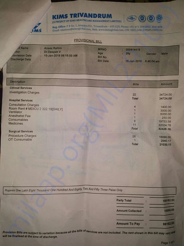 Expenses of medicine, ventilator, surgical services and other
