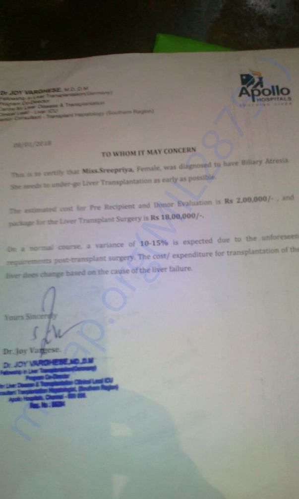 Treatment documents from Appollo Hospitals, Chennai