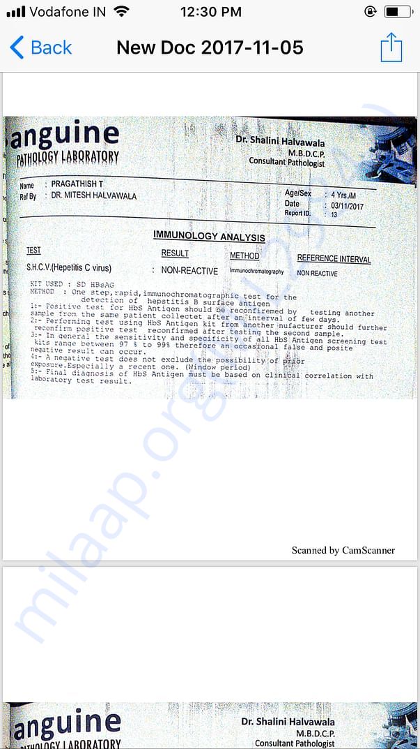 Immunology test result
