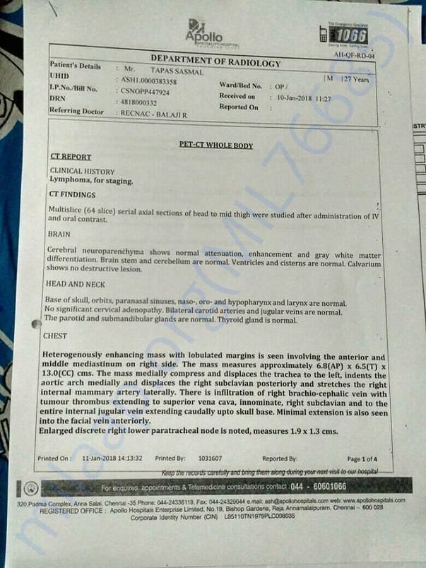 CT report of Tapas Sasmal, Apollo Speciality Hospital, Chennai